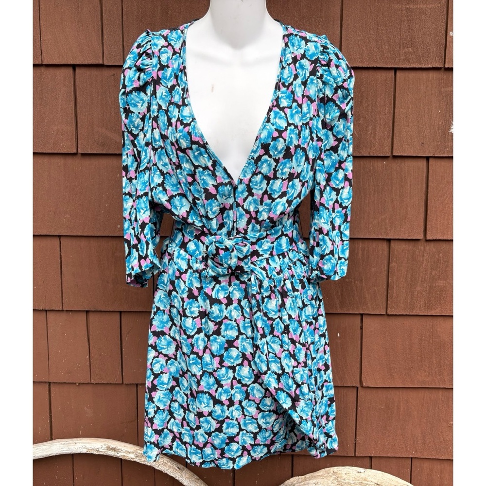 Zara 3/4 sleeve faux wrap blue floral v neck mini Dress with Belt large